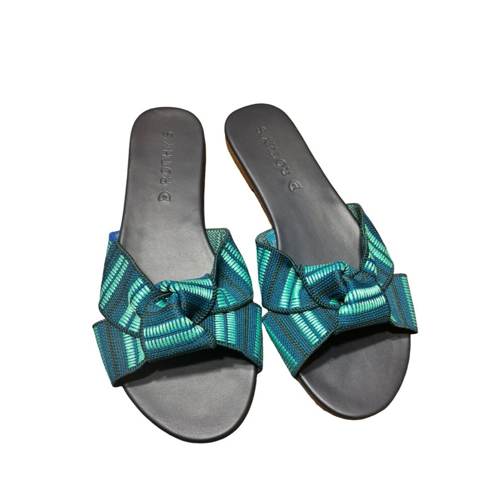 Rothy's The Knot Sandal in Jungle Stripe Blue Green Textured Flat Slide Sz 6 EUC